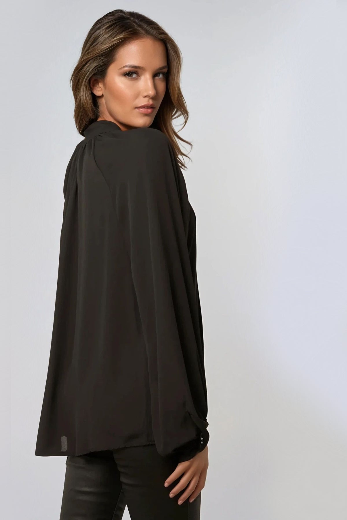 Black Long Balloon Sleeve Blouse with Tie - Rosette & Co