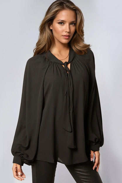 Black Long Balloon Sleeve Blouse with Tie - Rosette & Co
