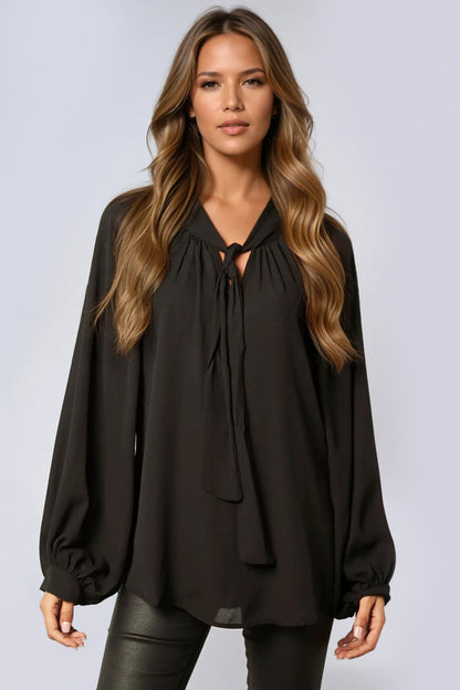 Black Long Balloon Sleeve Blouse with Tie - Rosette & Co
