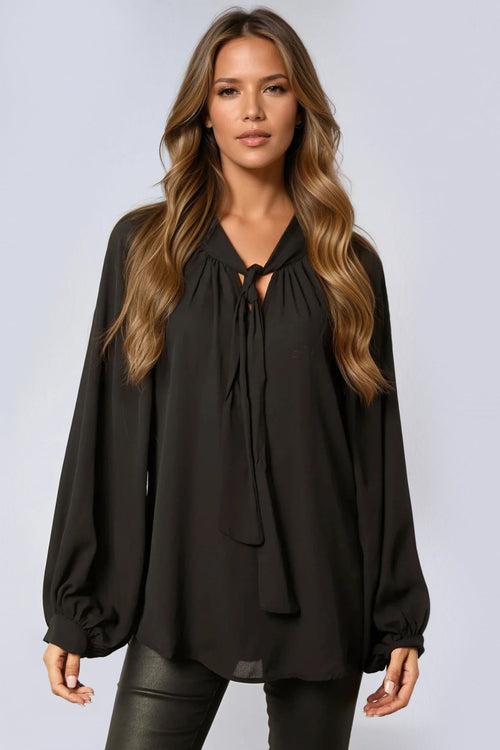 Black Long Balloon Sleeve Blouse with Tie - Rosette & Co