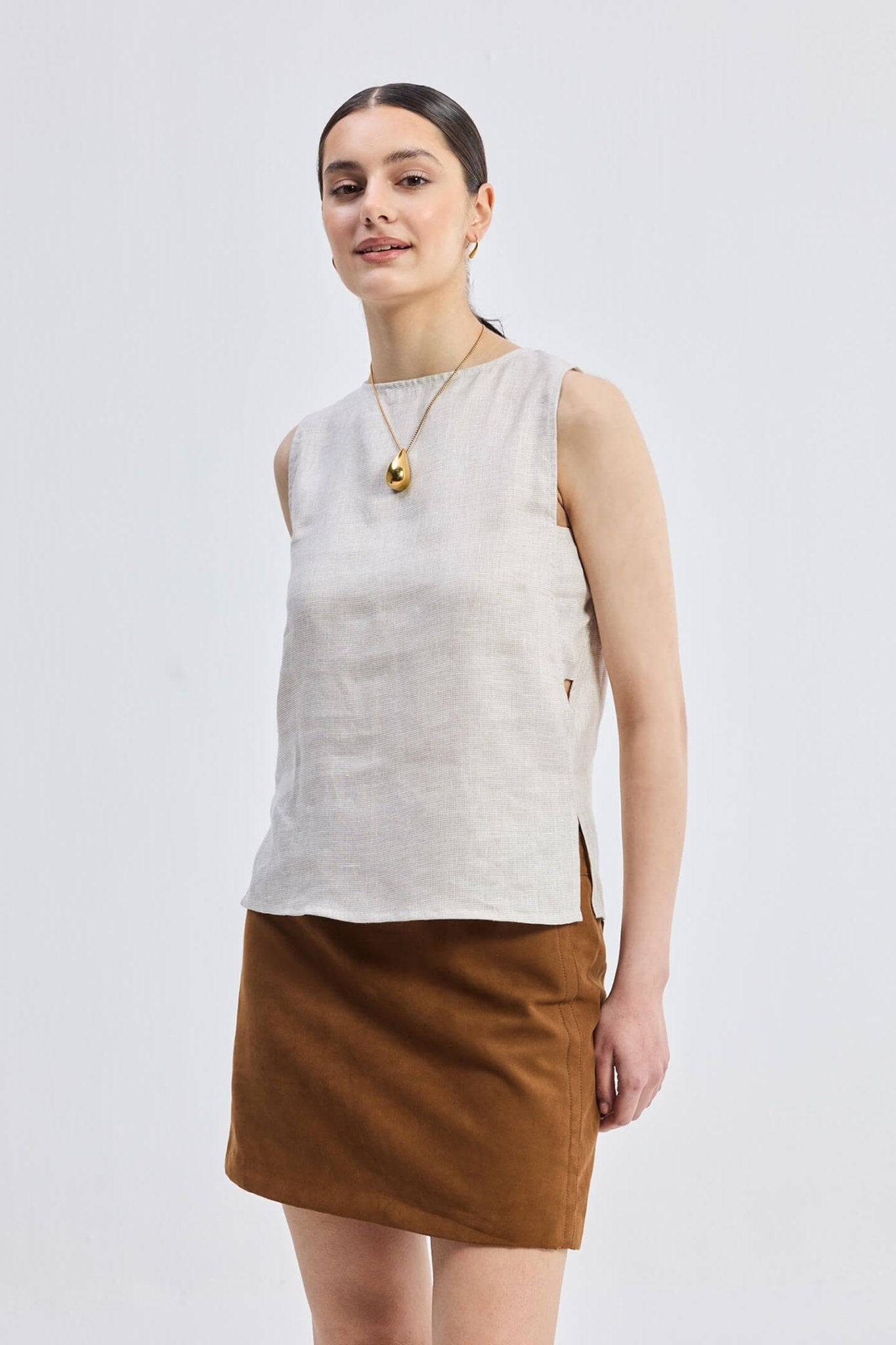 Boat Neck Top in Checkered Linen - Rosette & Co