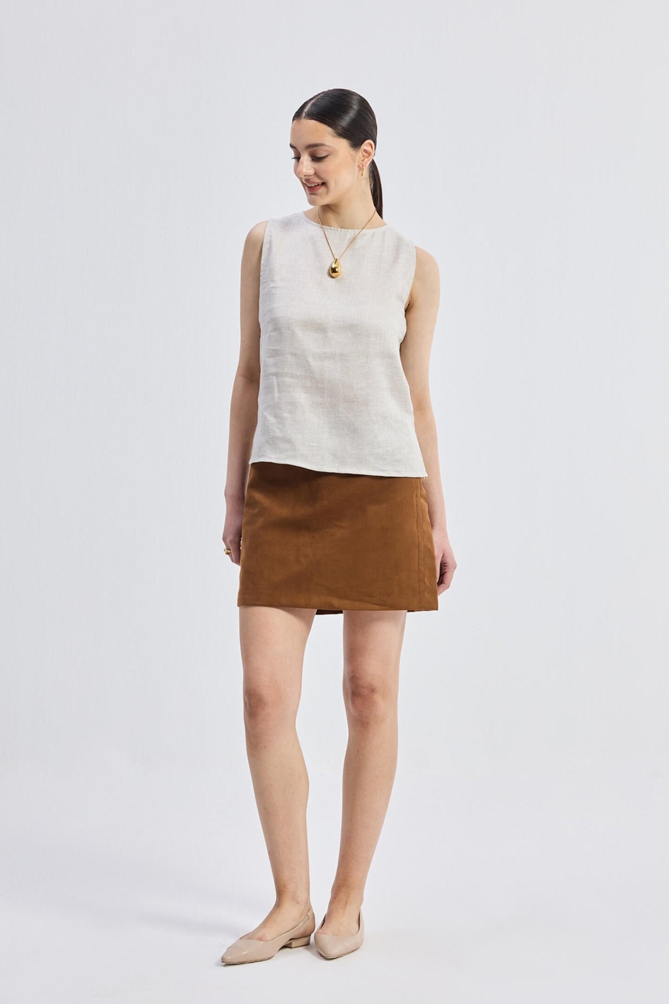 Boat Neck Top in Checkered Linen - Rosette & Co