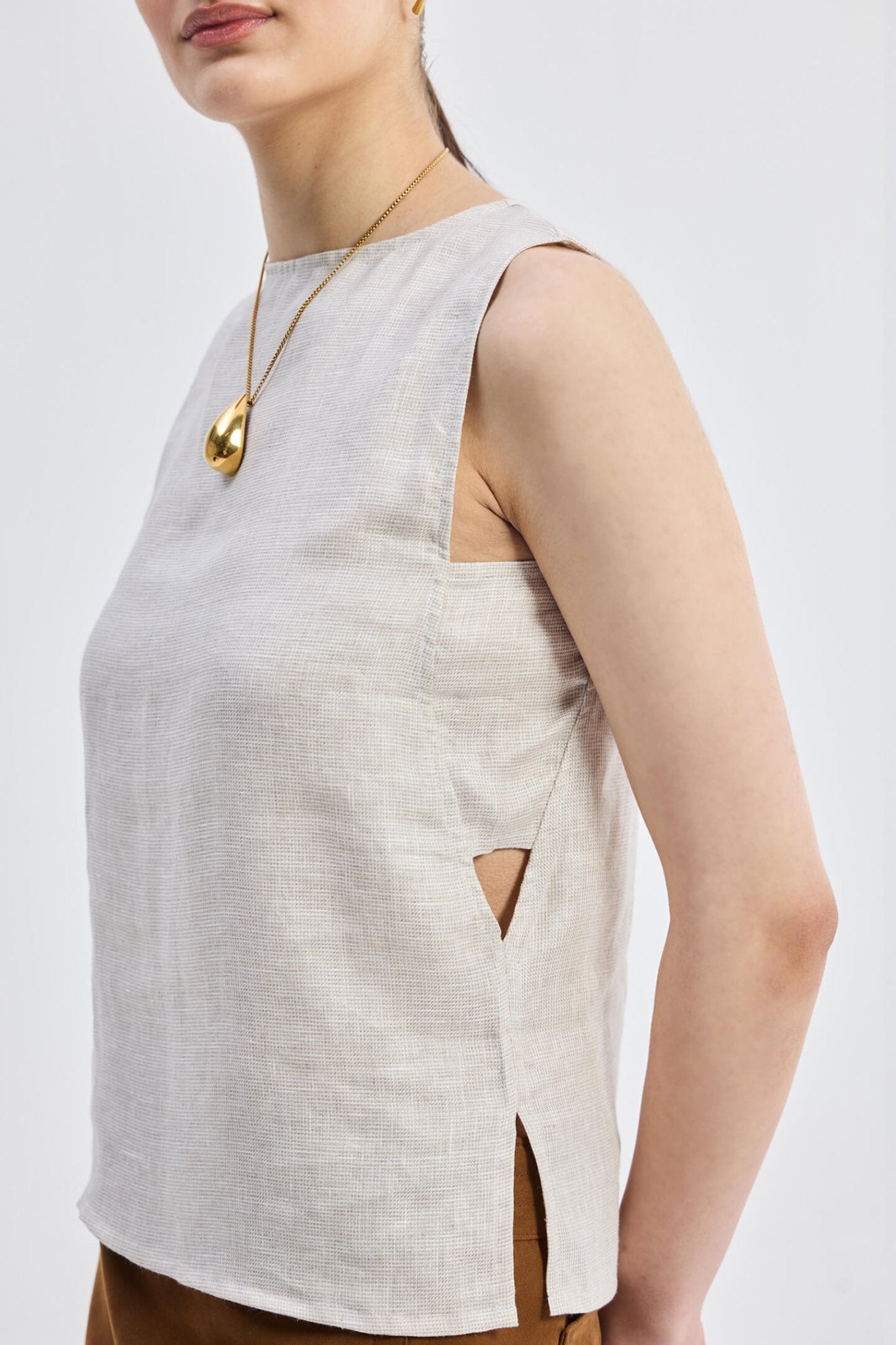 Boat Neck Top in Checkered Linen - Rosette & Co