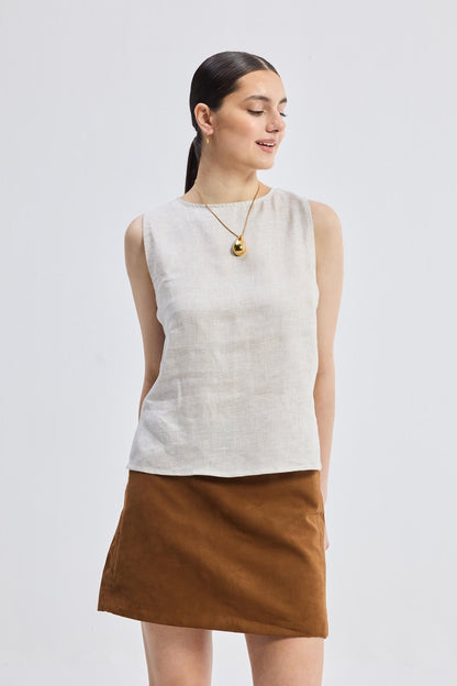Boat Neck Top in Checkered Linen - Rosette & Co