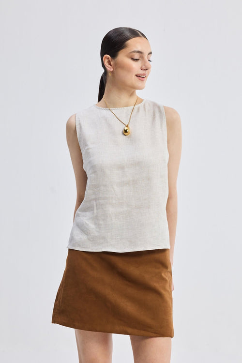 Boat Neck Top in Checkered Linen - Rosette & Co