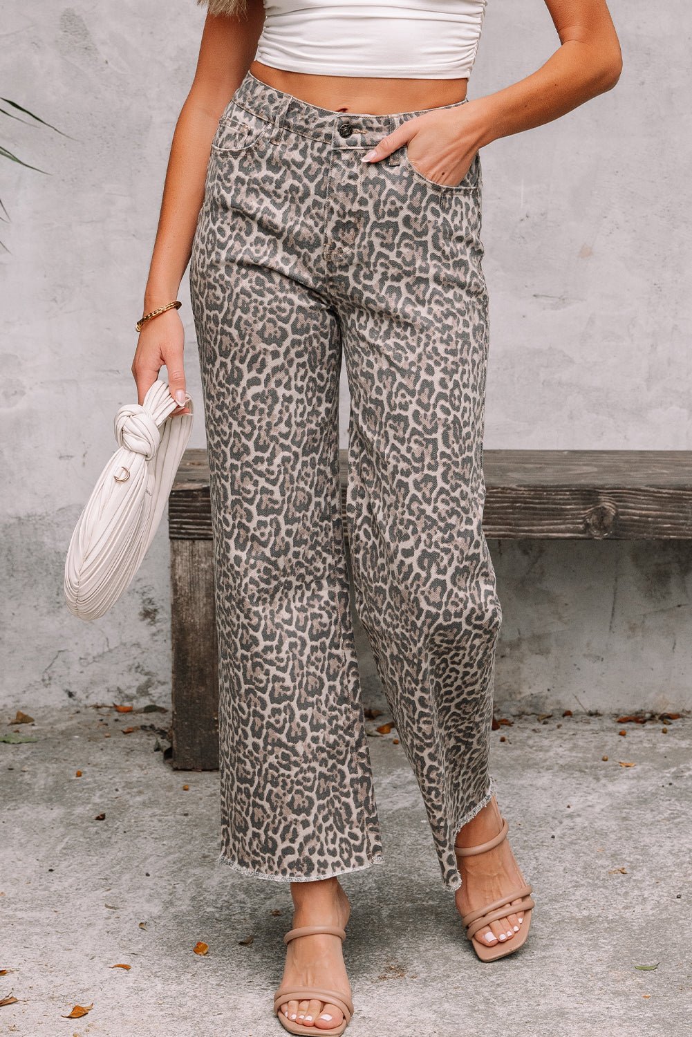 Brianna Leopard Frayed Wide Leg Jeans - Rosette & Co