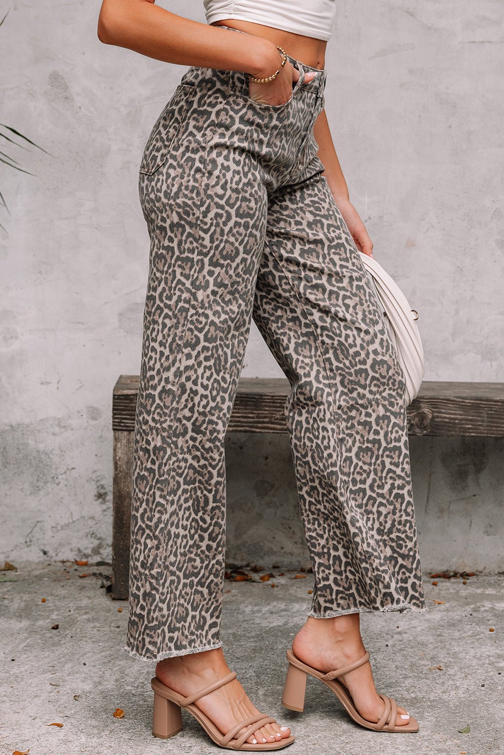 Brianna Leopard Frayed Wide Leg Jeans - Rosette & Co