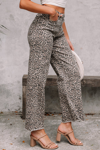 Brianna Leopard Frayed Wide Leg Jeans - Rosette & Co