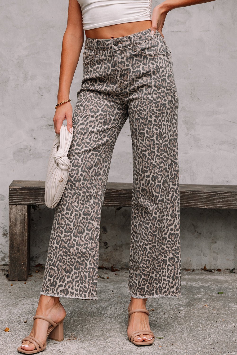 Brianna Leopard Frayed Wide Leg Jeans - Rosette & Co