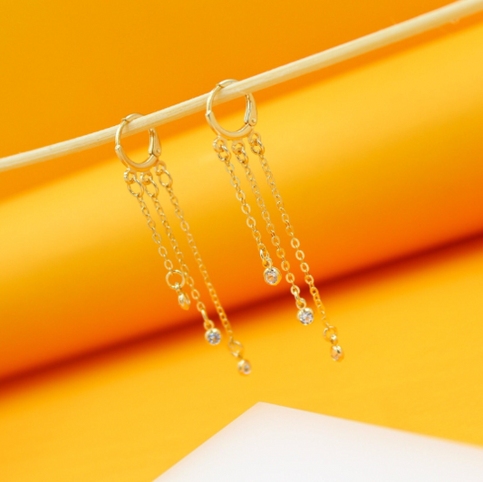 18K Gold Filled CZ Dangle Rolo Link Chain Earrings (L71)
