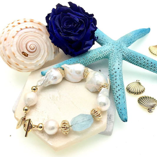 Freshwater Pearls & Aquamarine Bracelet - Rosette & Co