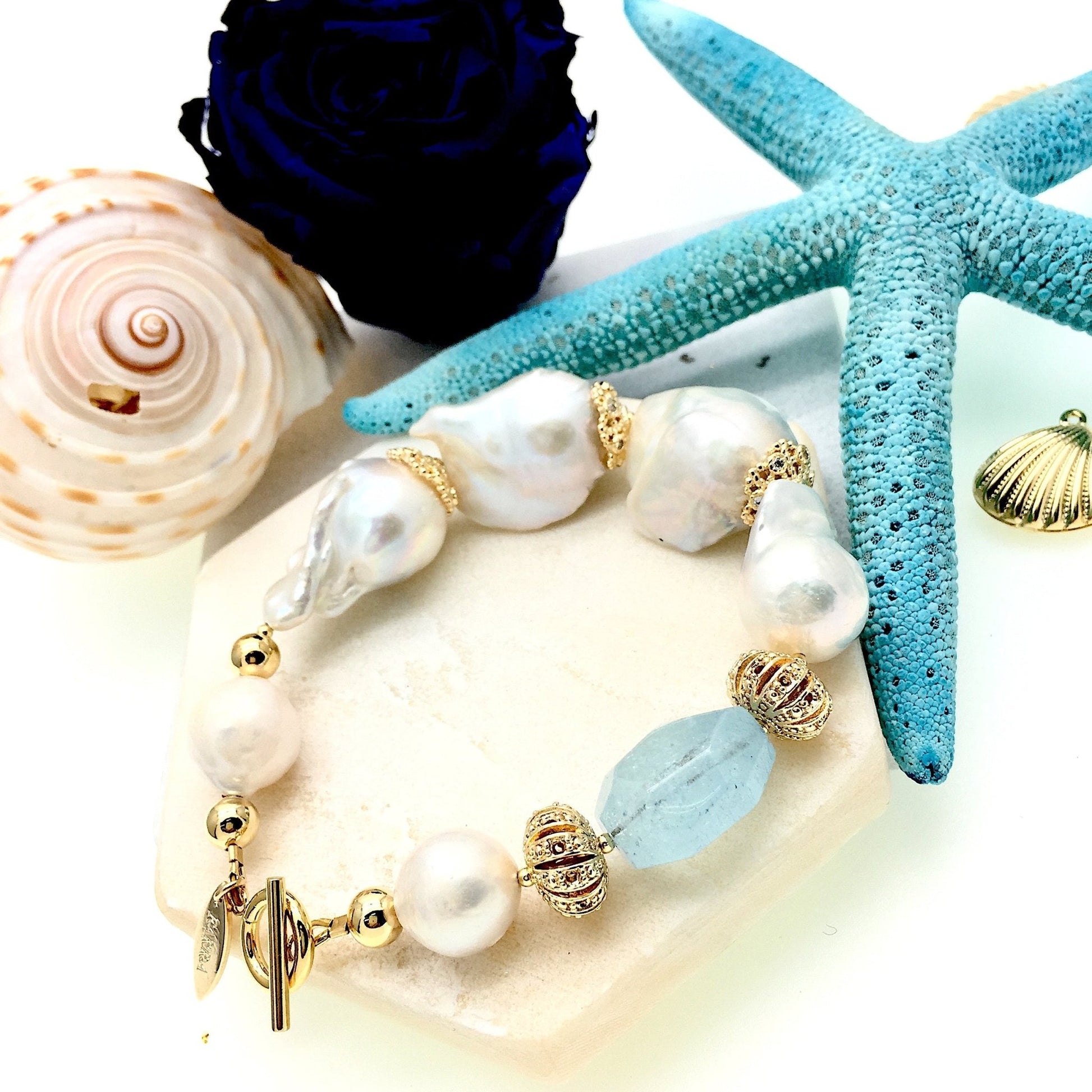 Freshwater Pearls & Aquamarine Bracelet - Rosette & Co
