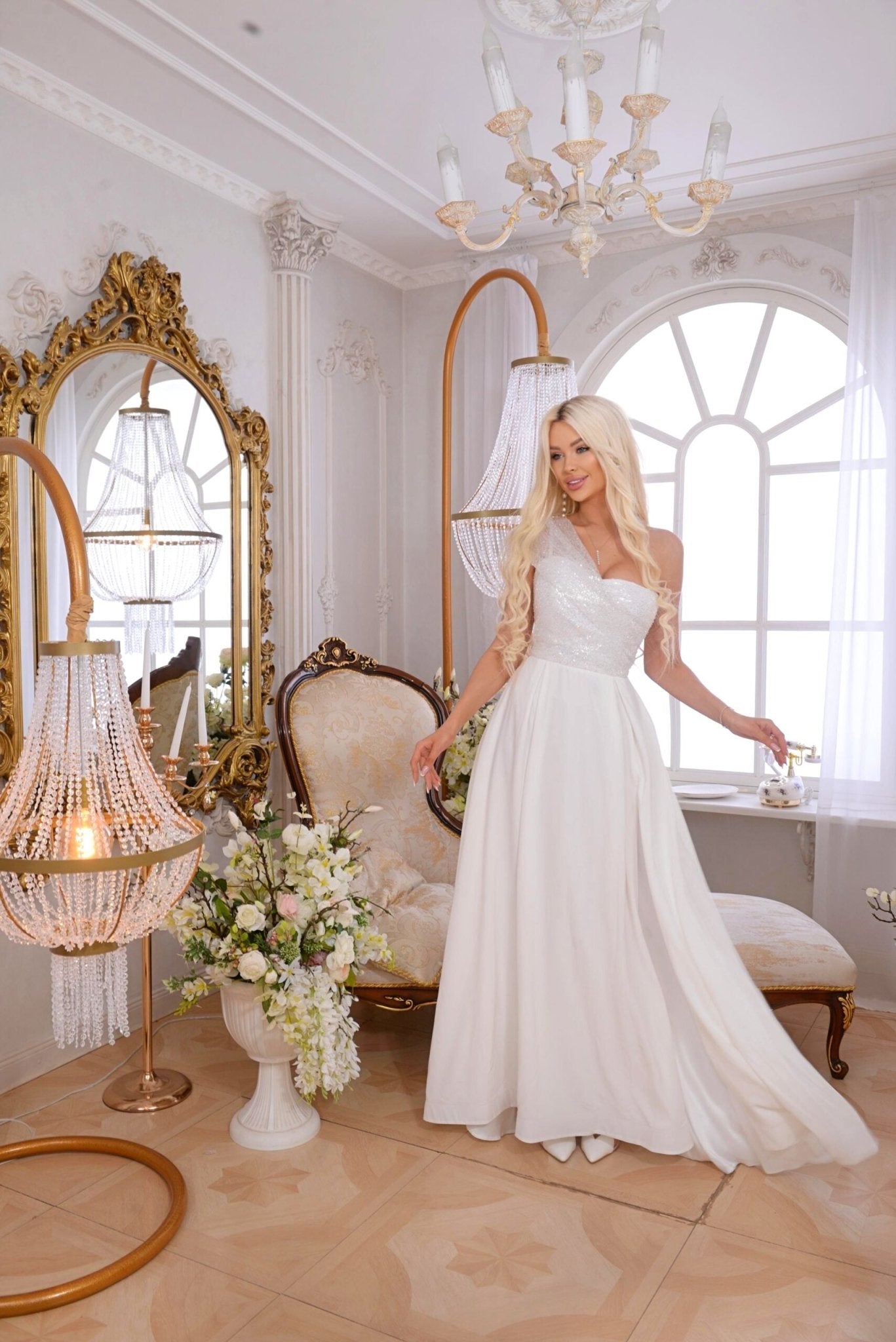 White Asymmetric Sequin Corset Maxi Dress - Rosette & Co