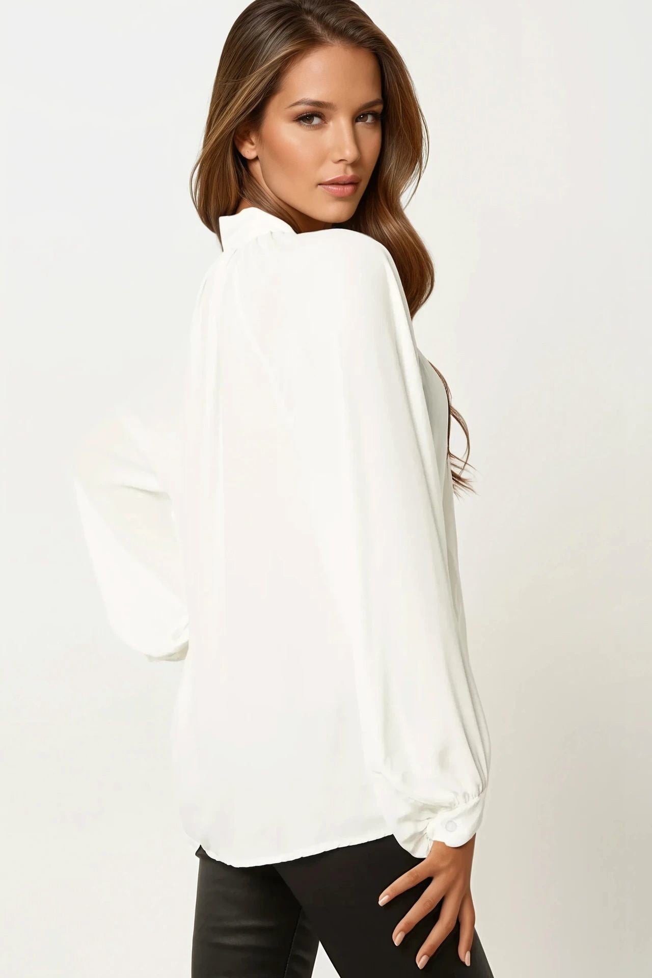 White Long Balloon Sleeve Blouse with Tie - Rosette & Co