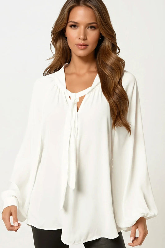 White Long Balloon Sleeve Blouse with Tie - Rosette & Co
